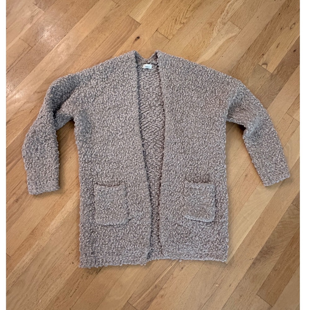 Debut Women Small Popcorn Knit Cardigan Sweater Open Front Pocket Taupe Grey